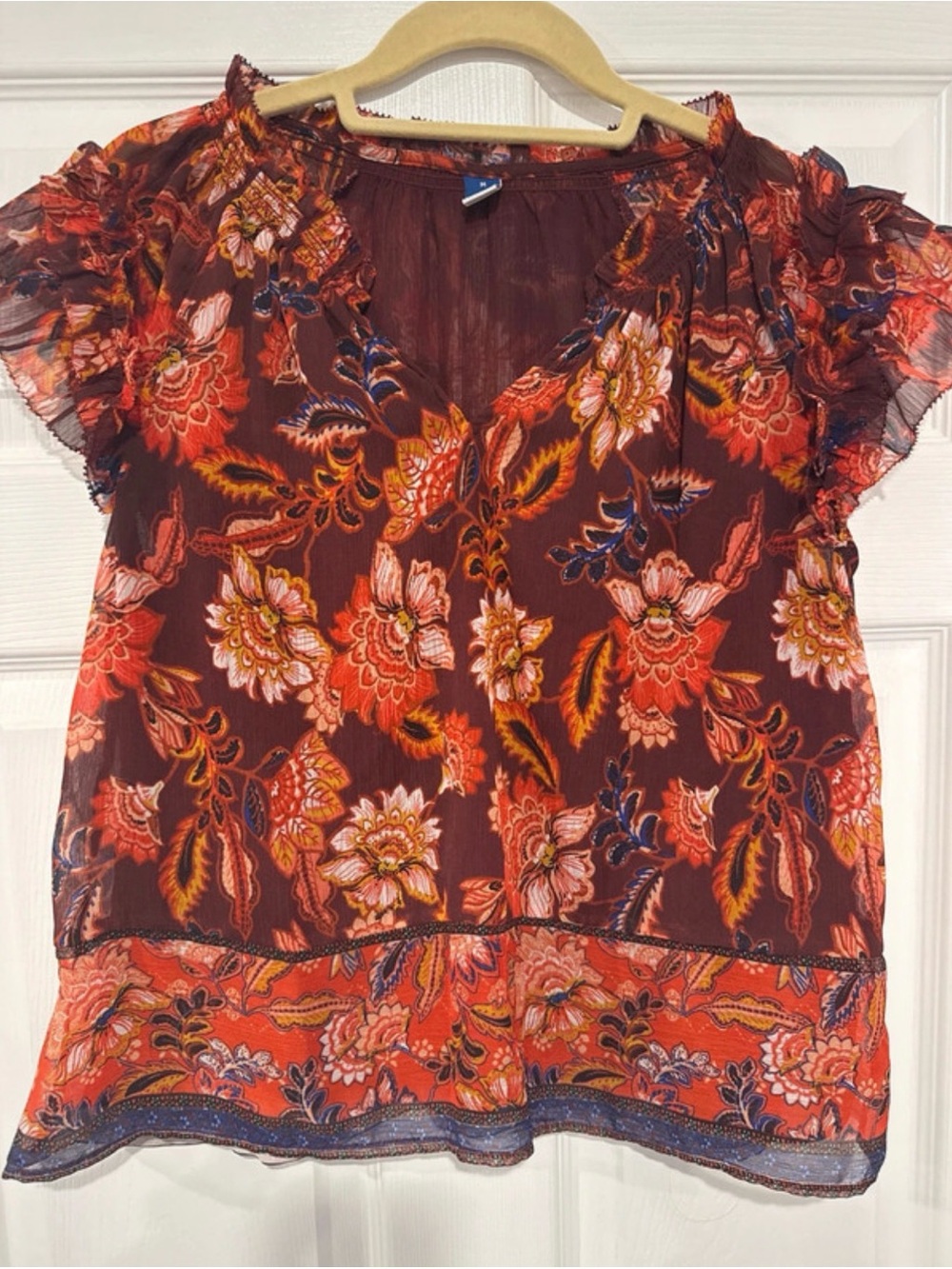 Old Navy Floral Flutter-Sleeve Blouse in Burgundy, Orange and Pink